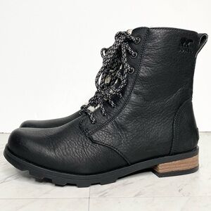 New! Sorel Emelie Black Leather Short Lace Up Boot 8